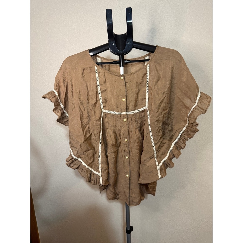 Alythea Brown Ruffle Sleeve Boho Blouse Crochet Trim Button Front Top Medium